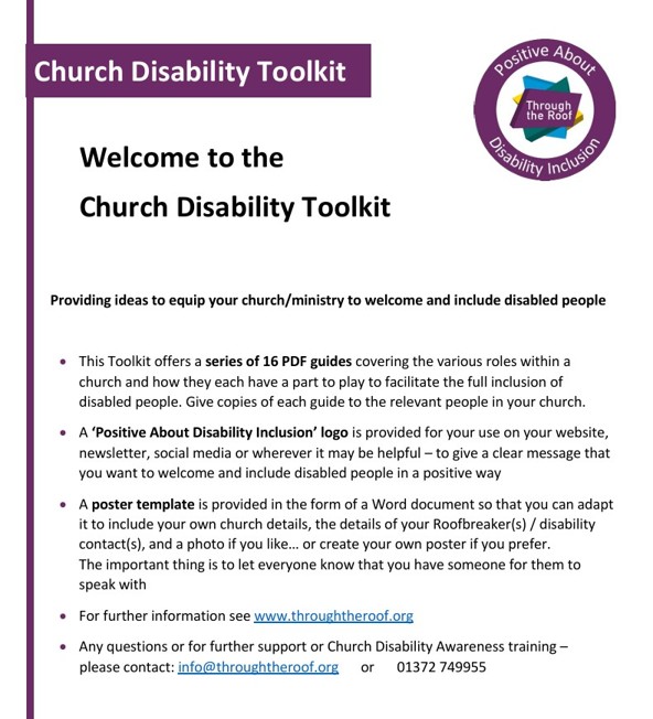 Church Disability Toolkit (Download Version) flyer with the Church Disability Toolkit logo, a summary of downloadable resources, and contact and website information for inclusive ministry support from charity Through the Roof.