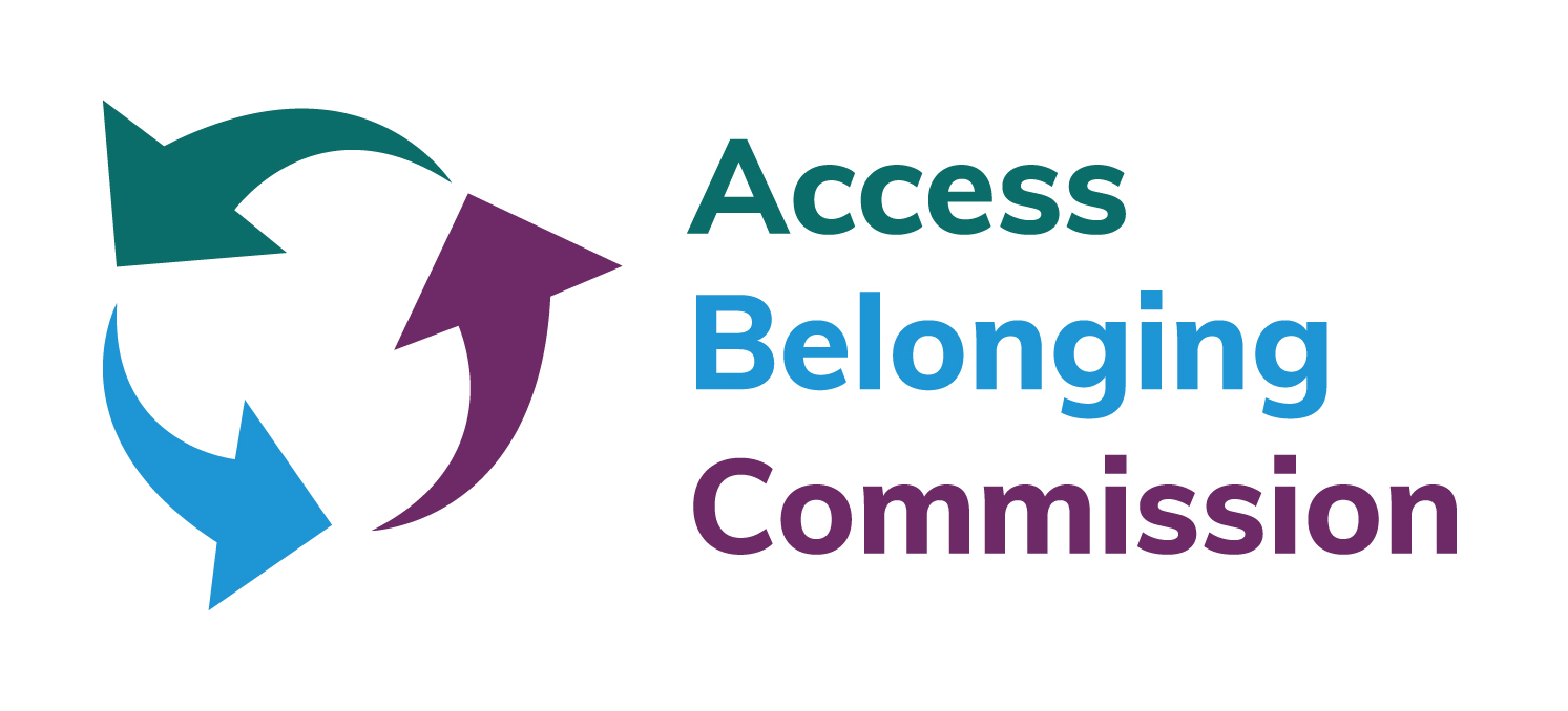 Logo for the ABC journey of disability inclusion. It shows three arrows, directed around in a circle, which are purple, green and blue. Next to the circle of arrows are the words: Access, Belonging, Commission (in purple, green and blue).