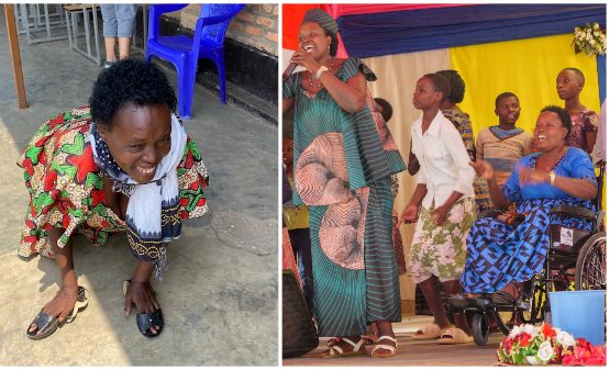 On the left, a Rwandan woman smiles while crawling on the ground; on the right, women sing on stage, with the woman who was crawling in a wheelchair, singing happily.