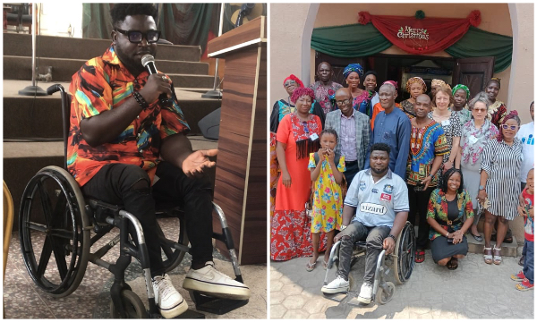 A Nigerian man in a wheelchair speaks at a podium, followed by a group photo of him and several others smiling outside a building.