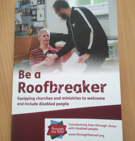 Two men interact in a church with the text Be a Roofbreaker. Equipping churches to welcome disabled people.