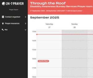 The schedule lists the “Through the Roof” event on 27-28 September, with Annette Stuart speaking at 15:00 on Saturday and a note to pray for Disability Awareness Sunday.