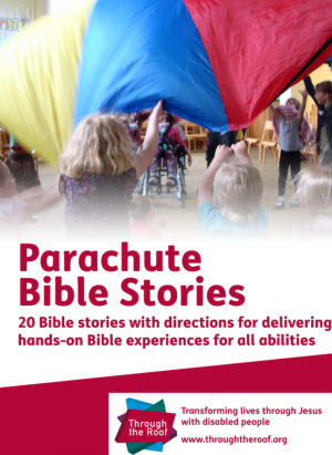 The Cover of the Parachute Bible Stories book, featuring a crowd of people under a waving parachute
