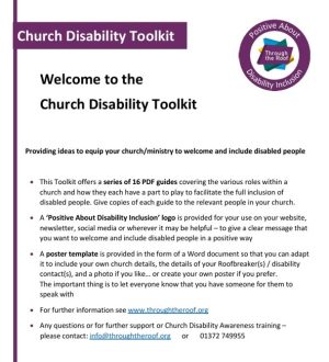 Screenshot of a PDF with large purple heading 'Church Disability Toolkit' and subheading 'Welcome'. The Through the Roof charity logo is top right, with the words 'Positive about disability inclusion' around it. Text below describes the resource (a series of PDF guides for church accessibility).