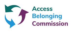 Logo for the ABC journey of disability inclusion. It shows three arrows, directed around in a circle, which are purple, green and blue. Next to the circle of arrows are the words: Access, Belonging, Commission (in purple, green and blue).