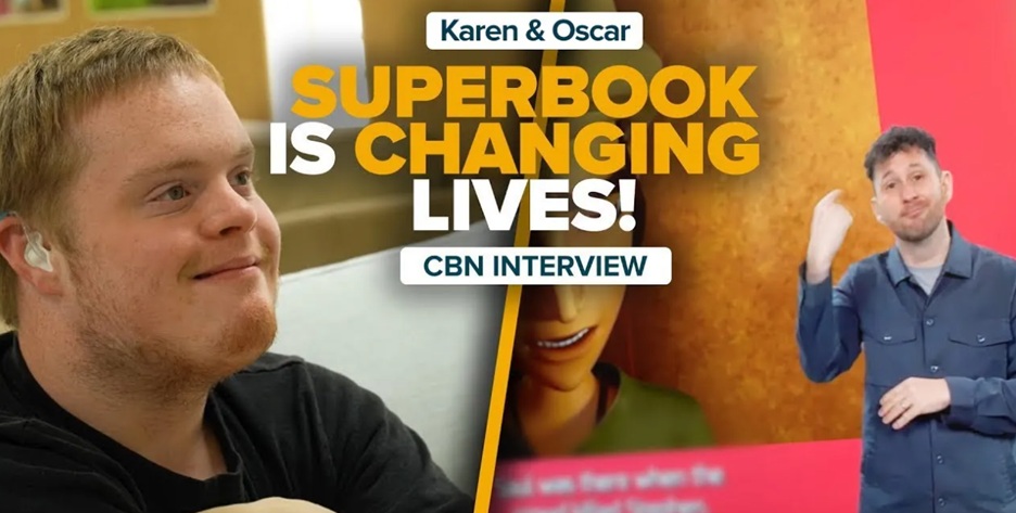 Thumbnail for a video showing a young man with Downs Syndrome and a BSL signer, with text 'Karen & Oscar: Superbook is changing lives! CNB interview'