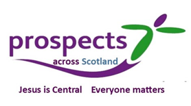 Logo of Prospects Across Scotland, with a stick figure also shaped like a Christian cross, with text 'Jesus is central. Everyone matters'