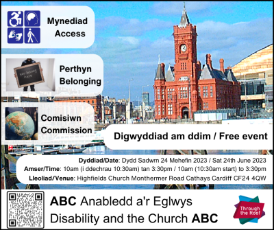 A postcard flyer for the Access event in Cardiff, it shows the Cardiff bay, with instructions in English and Welsh for attending  the event in June 2023.