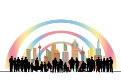 Cartoon image of a rainbow over a city with diverse people silhouetted Cartoon image of a rainbow over a city with diverse people silhouetted